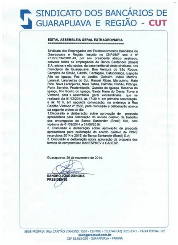 Assembleia Funcionários Santander, Guarapuava e Região.